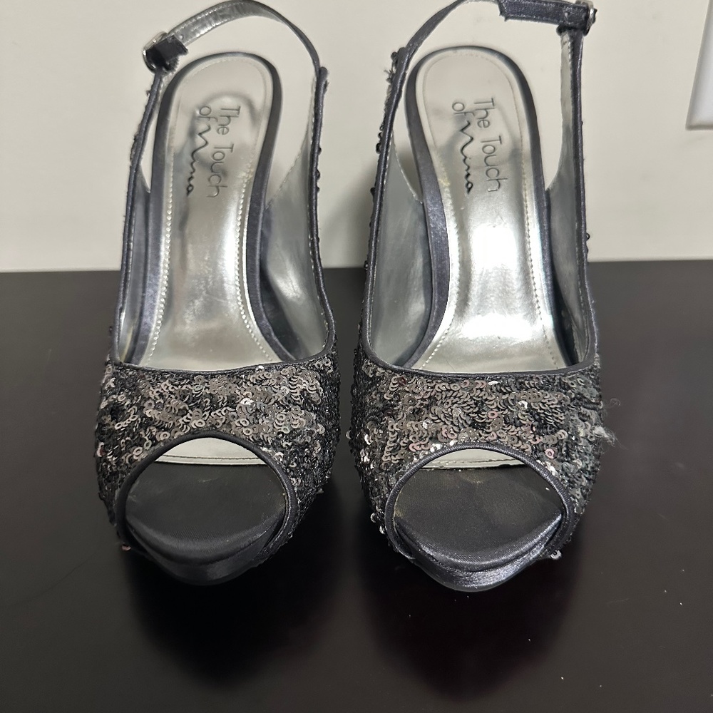 The Touch of Nina Gray/Silver/Sequins Open Toe w/buckle closure